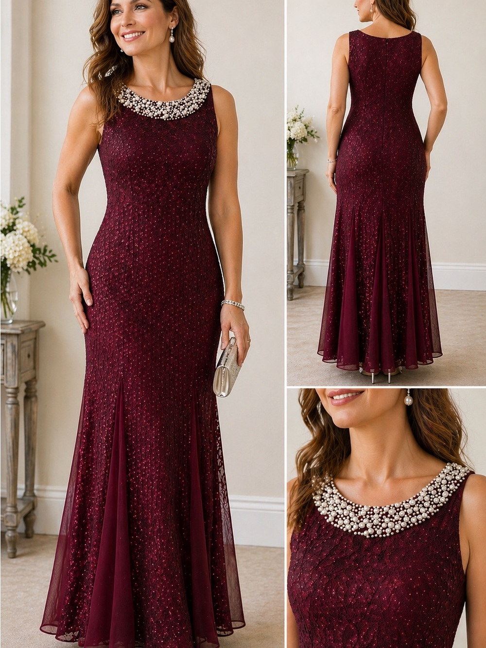 R& M Richards Embellished Burgundy Evening Gown - Women's Dress